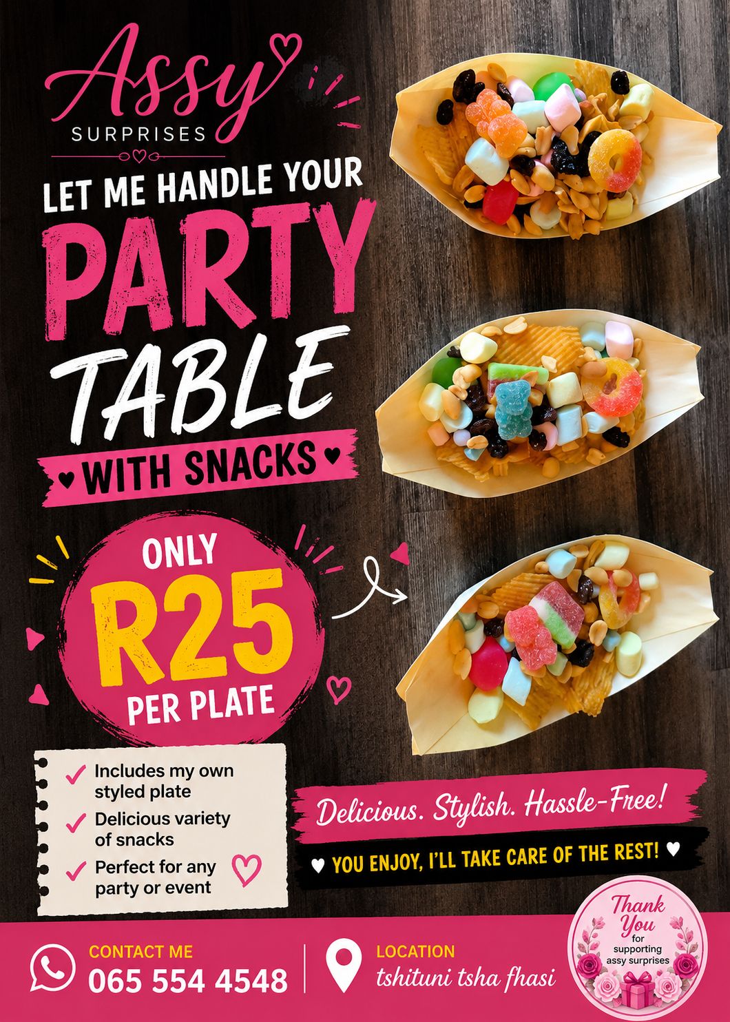 Assy Surprises Party Table with Snacks — R25 per plate